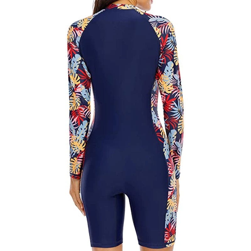 One Piece Swimsuit With Long Arms & legs - Blue Flower